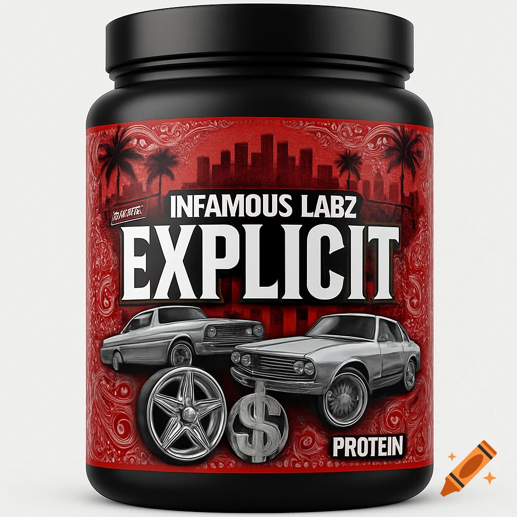 A black protein tub with a red lowrider-themed label. The label features text 'INFAMOUS LABZ EXPLICIT PROTEIN', classic cars, a city skyline with palm trees, a chrome wheel, and a dollar sign, rendered in 3D digital art.