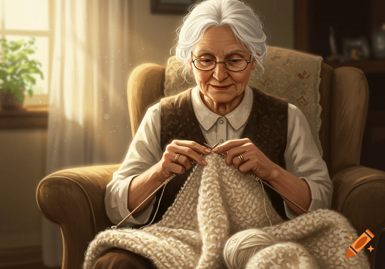 An elderly woman with white hair and glasses knitting a blanket in a sunlit armchair.