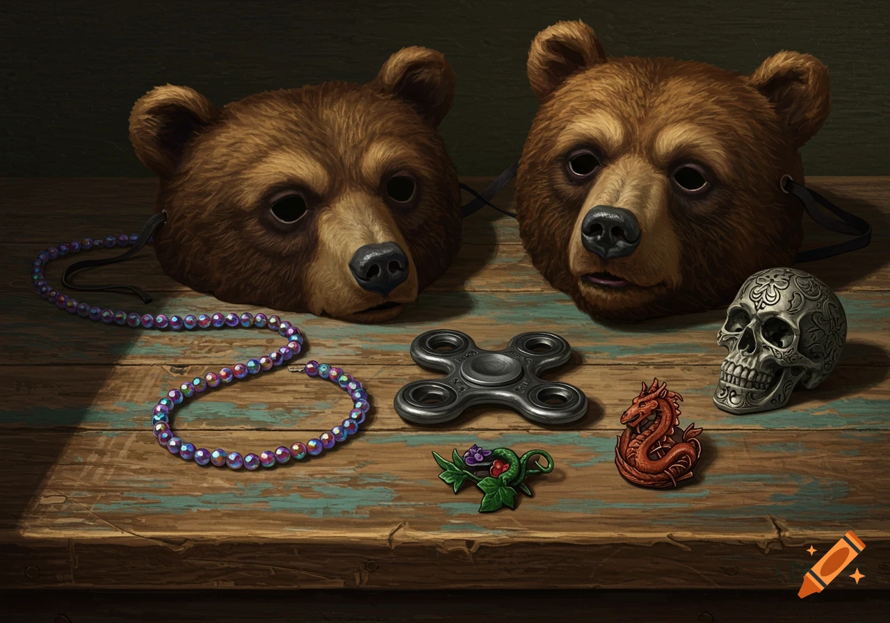 A still life painting of two bear masks, a rainbow beaded necklace, a fidget spinner, a red dragon figure, a green leaf brooch, and a decorated skull resting on a rustic wooden table.