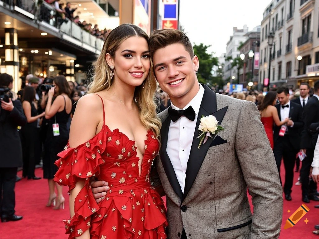 A smiling couple, a man in a gray tuxedo and a woman in a red ruffled dress, pose on a red carpet.