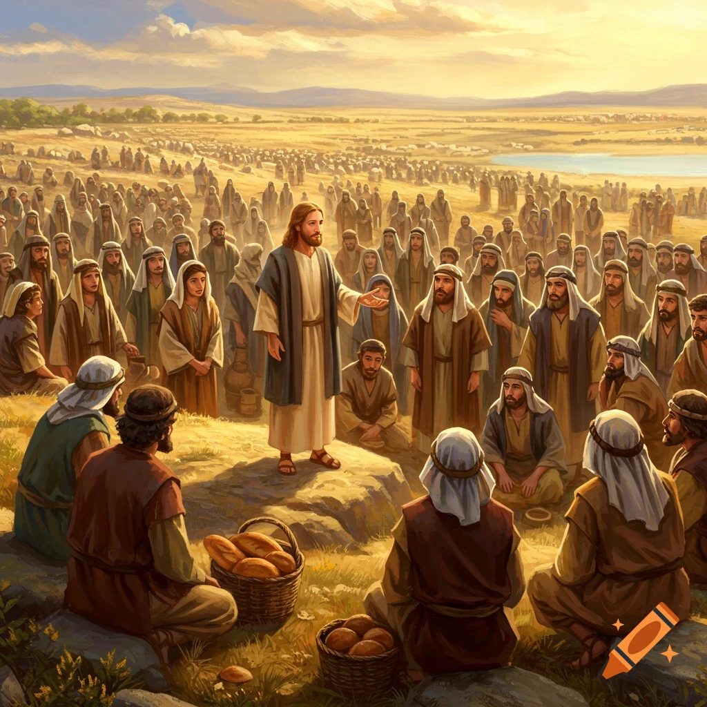 A figure resembling Jesus stands on a rock, addressing a vast crowd of people in a dry, open landscape under a golden sky, with baskets of bread nearby.