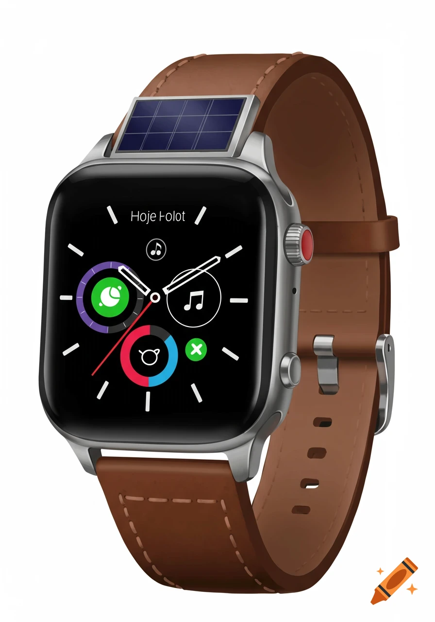 A silver smartwatch with a black screen, brown leather strap, and a solar panel on top.