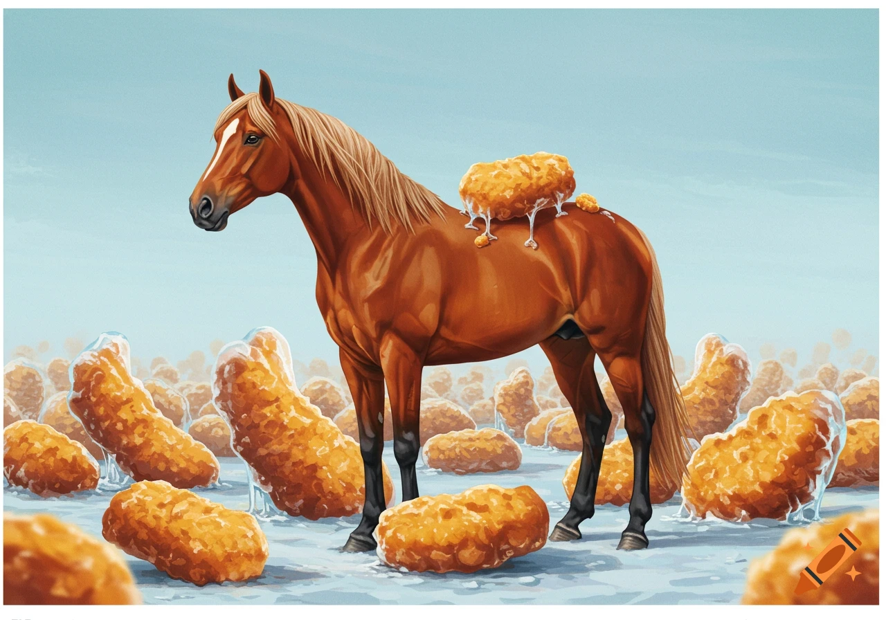 A brown horse stands in a surreal landscape filled with large, frozen chicken nuggets, with some nuggets resting on its back.