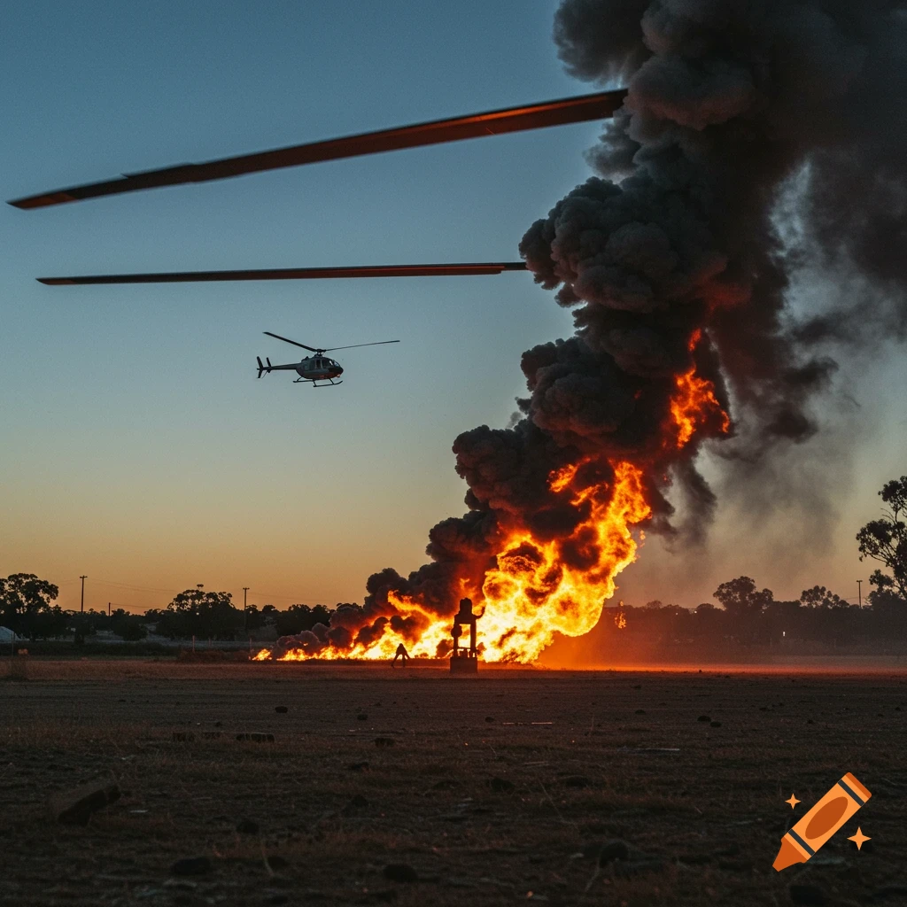 A helicopter flies over a field with a large fire and thick black smoke rising into the sky at sunset.