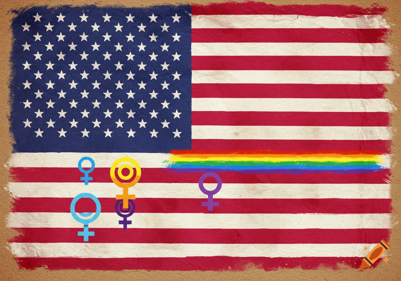 Distressed American flag with a rainbow stripe and various female/gender symbols painted on it.