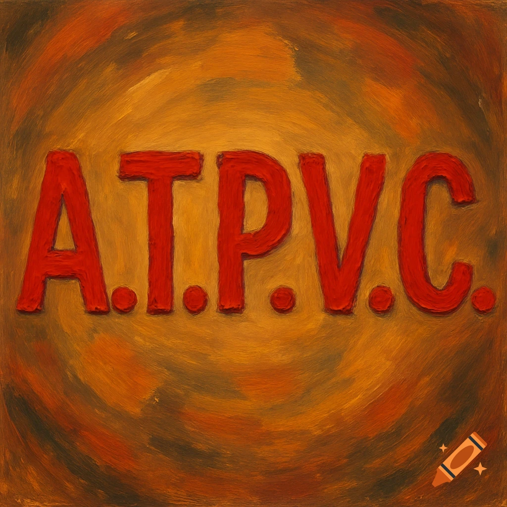 Red letters A.T.P.V.C. on a swirling orange and brown painterly background.