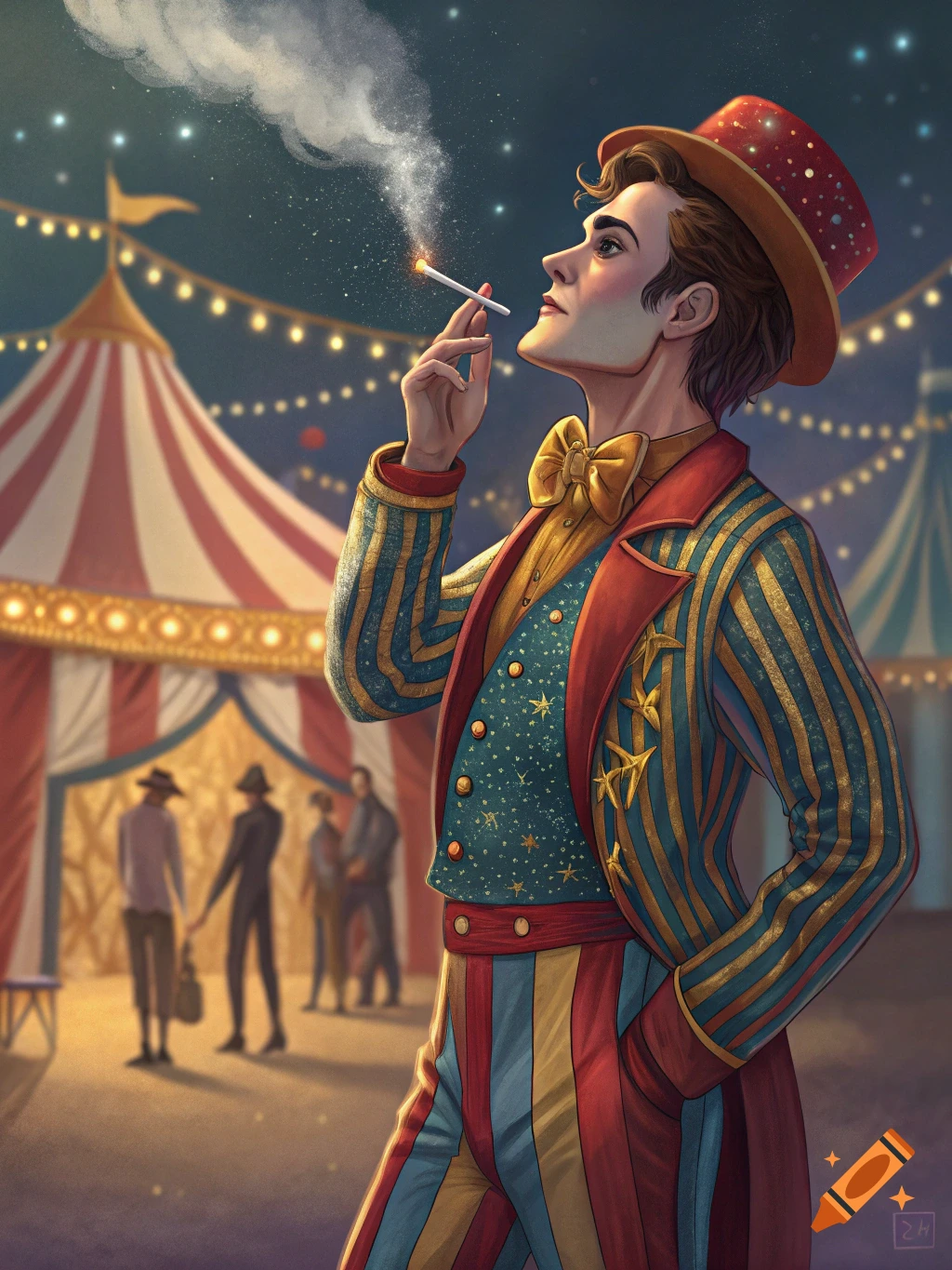Illustrative portrait of a man in a colorful circus outfit and top hat, smoking a cigarette under a starry night sky with circus tents in the background.