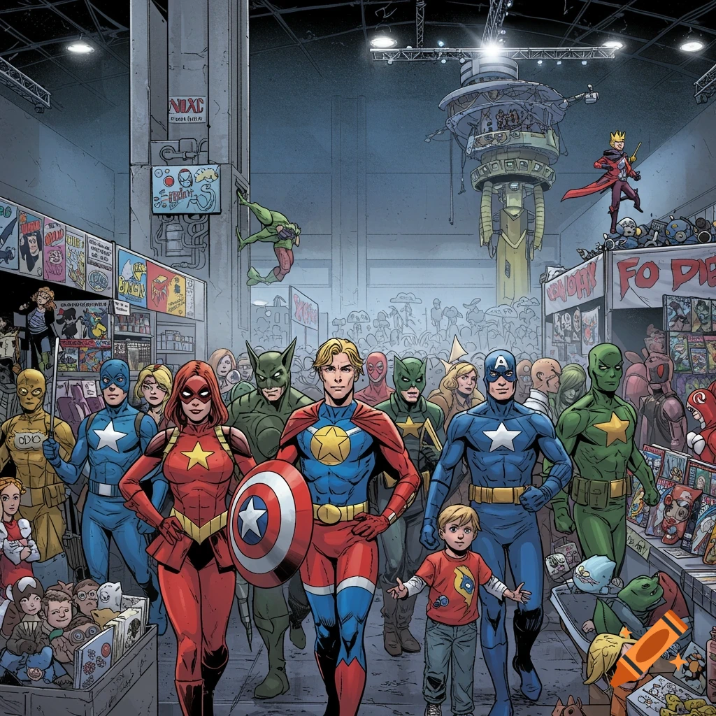 A colorful comic book style illustration of a crowded comic convention with various superheroes, including Captain America-like characters, walking through the hall past vendor booths.