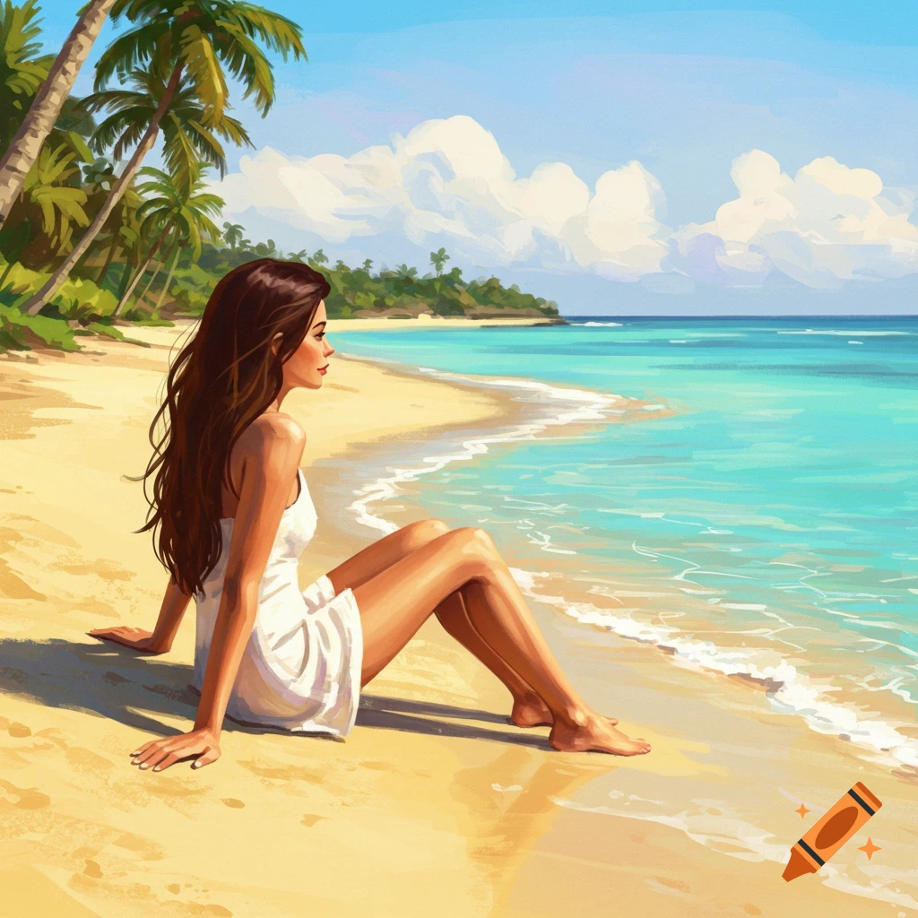 A woman sits on a sunny beach, looking out at the turquoise ocean. Palm trees line the shore. Stylized illustration.