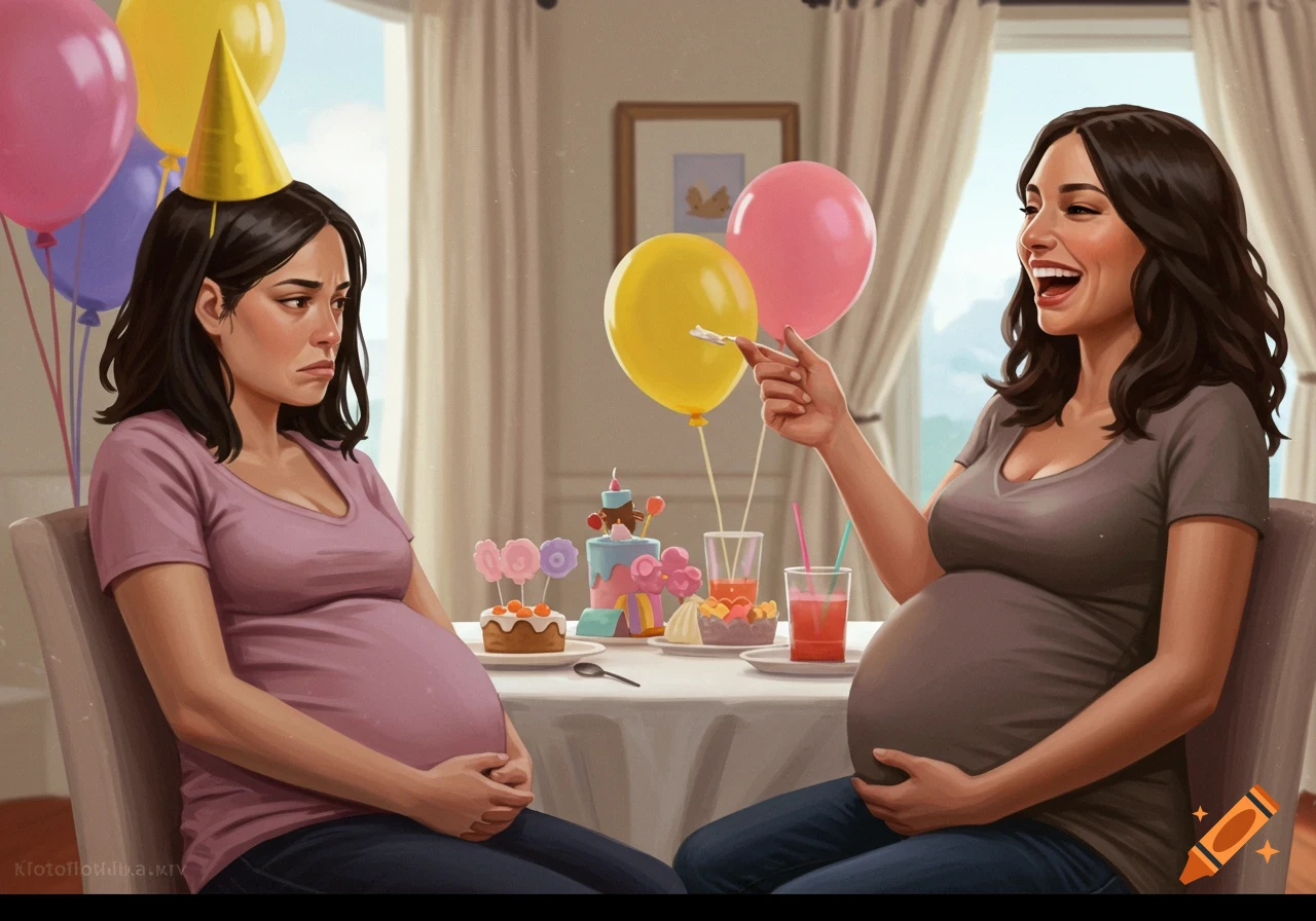 A sad pregnant woman in a party hat sits across from a joyfully laughing pregnant woman at a baby shower, surrounded by balloons and cake.