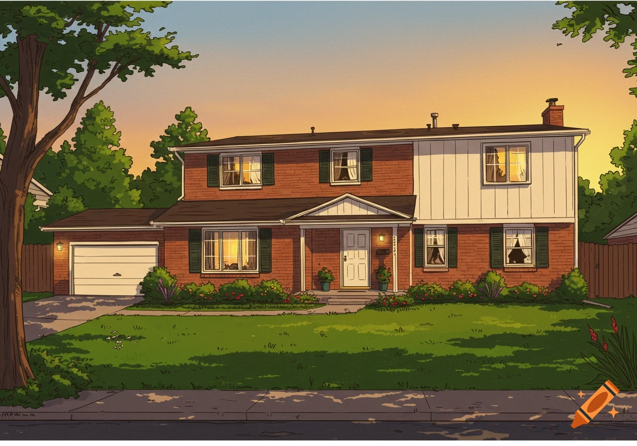An illustrated two-story brick house with a white front section and green shutters, set against a sunset sky in a suburban neighborhood.