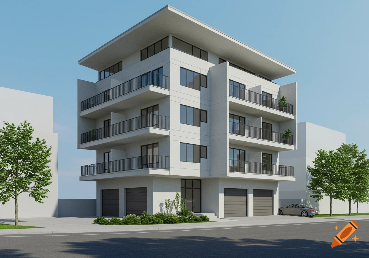 A modern five-story apartment building with a cantilevered roof, black balcony railings, and light grey walls.
