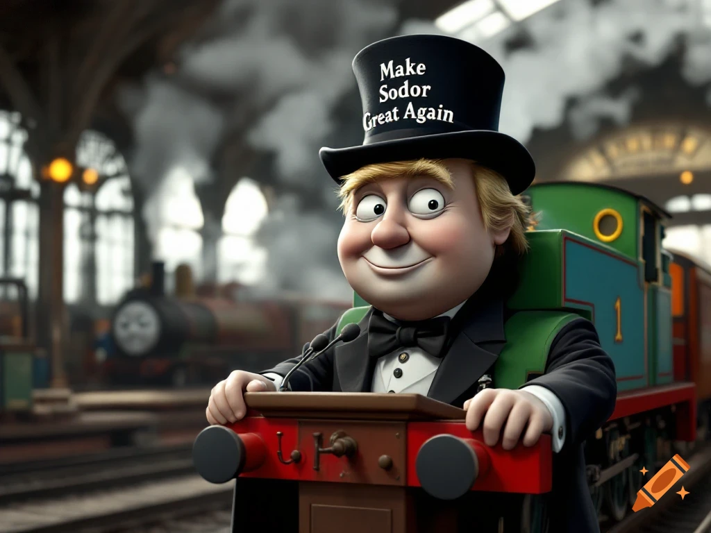 A smiling cartoon character blending Sir Topham Hatt and Donald Trump, wearing a 'Make Sodor Great Again' top hat at a train station podium.