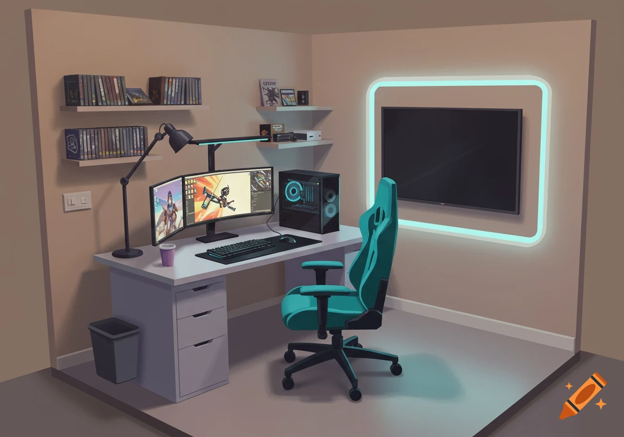 A stylized modern gaming room with a desk, dual monitors, a PC, a teal gaming chair, shelves, and a large TV with a glowing frame.