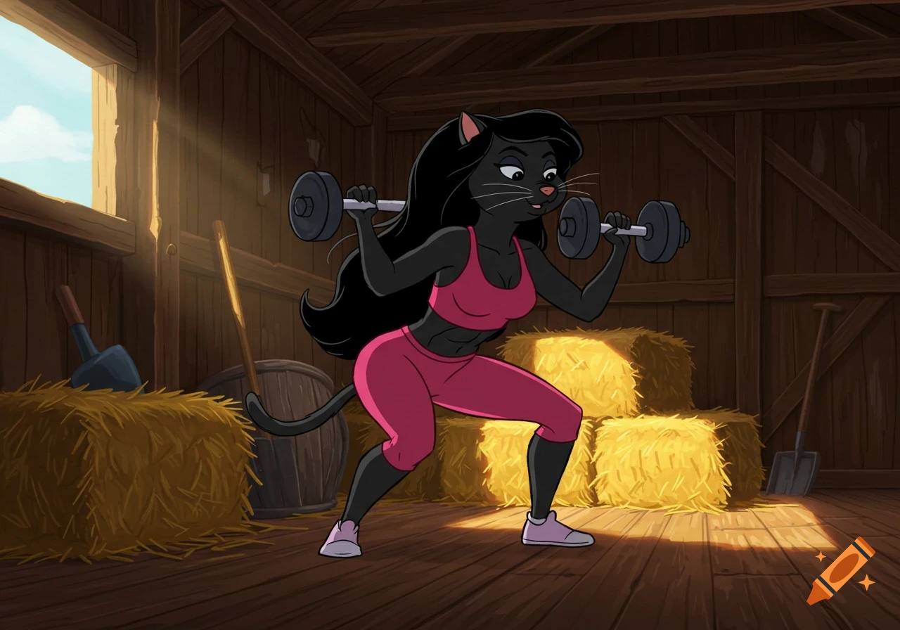 A black anthropomorphic cat in pink sportswear squats while lifting dumbbells in a barn, 2D animation style.