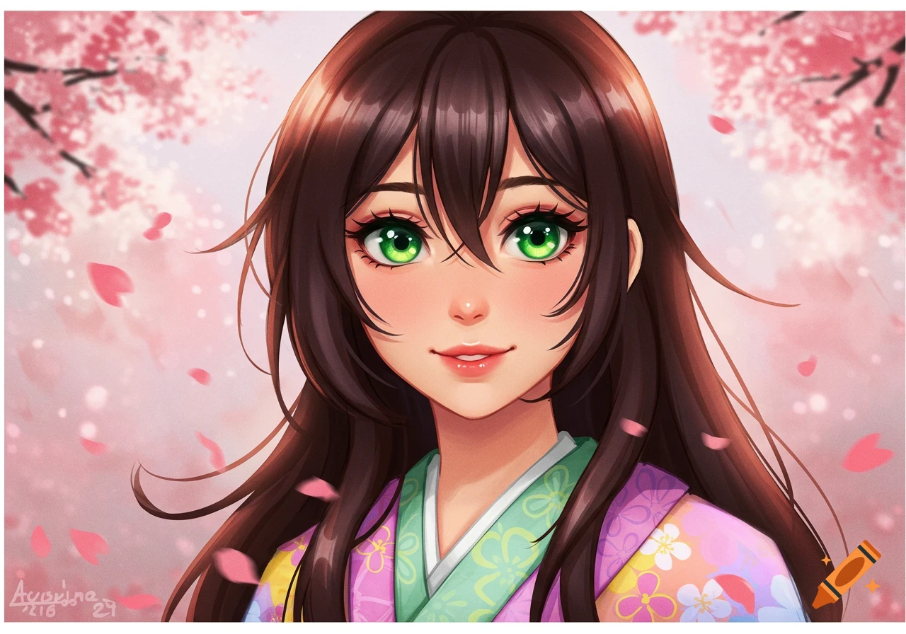 Anime girl with long brown hair and green eyes wearing a kimono, standing under cherry blossoms with petals falling.