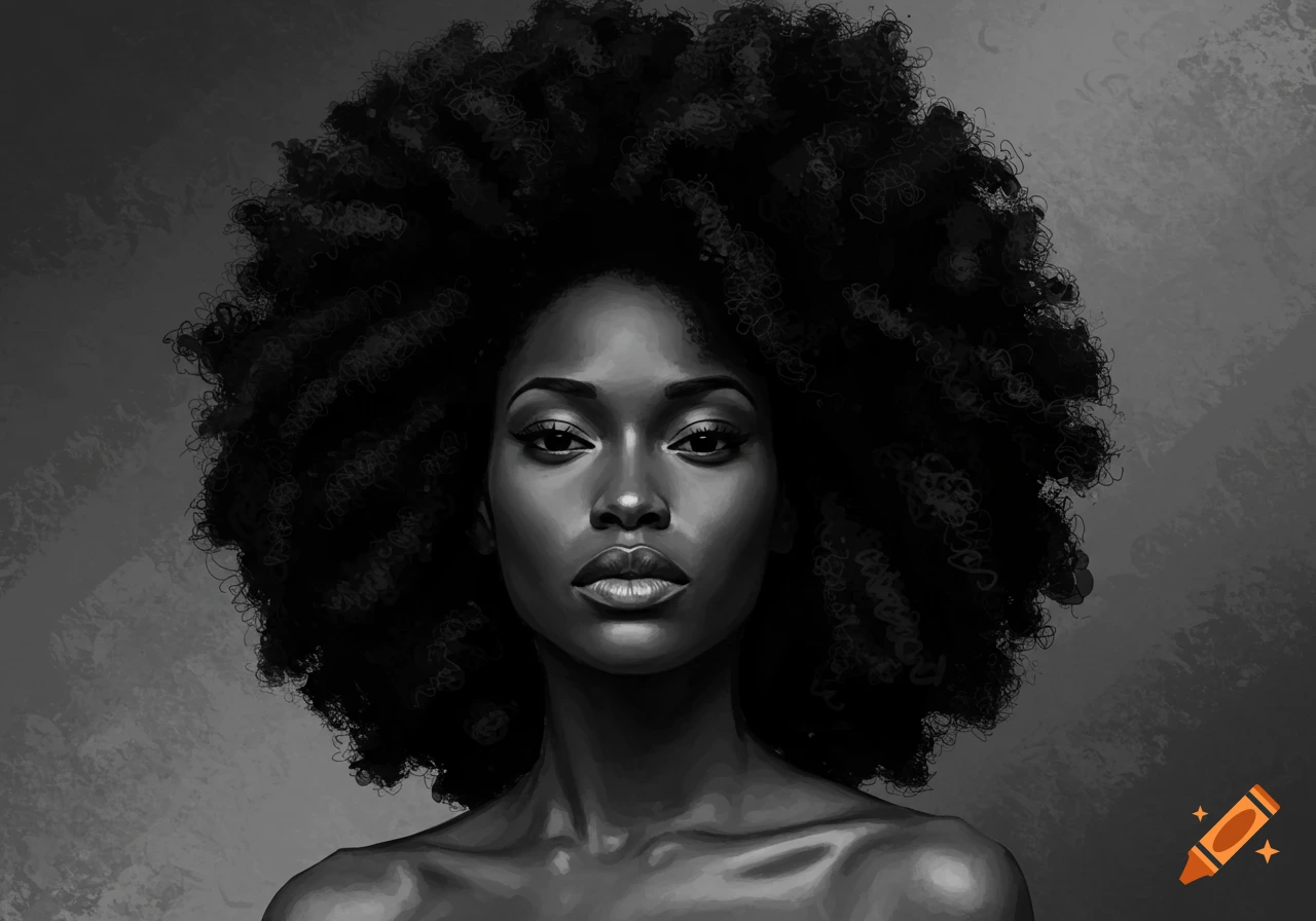 A grayscale portrait of a Black woman with a large, curly afro staring directly at the viewer.