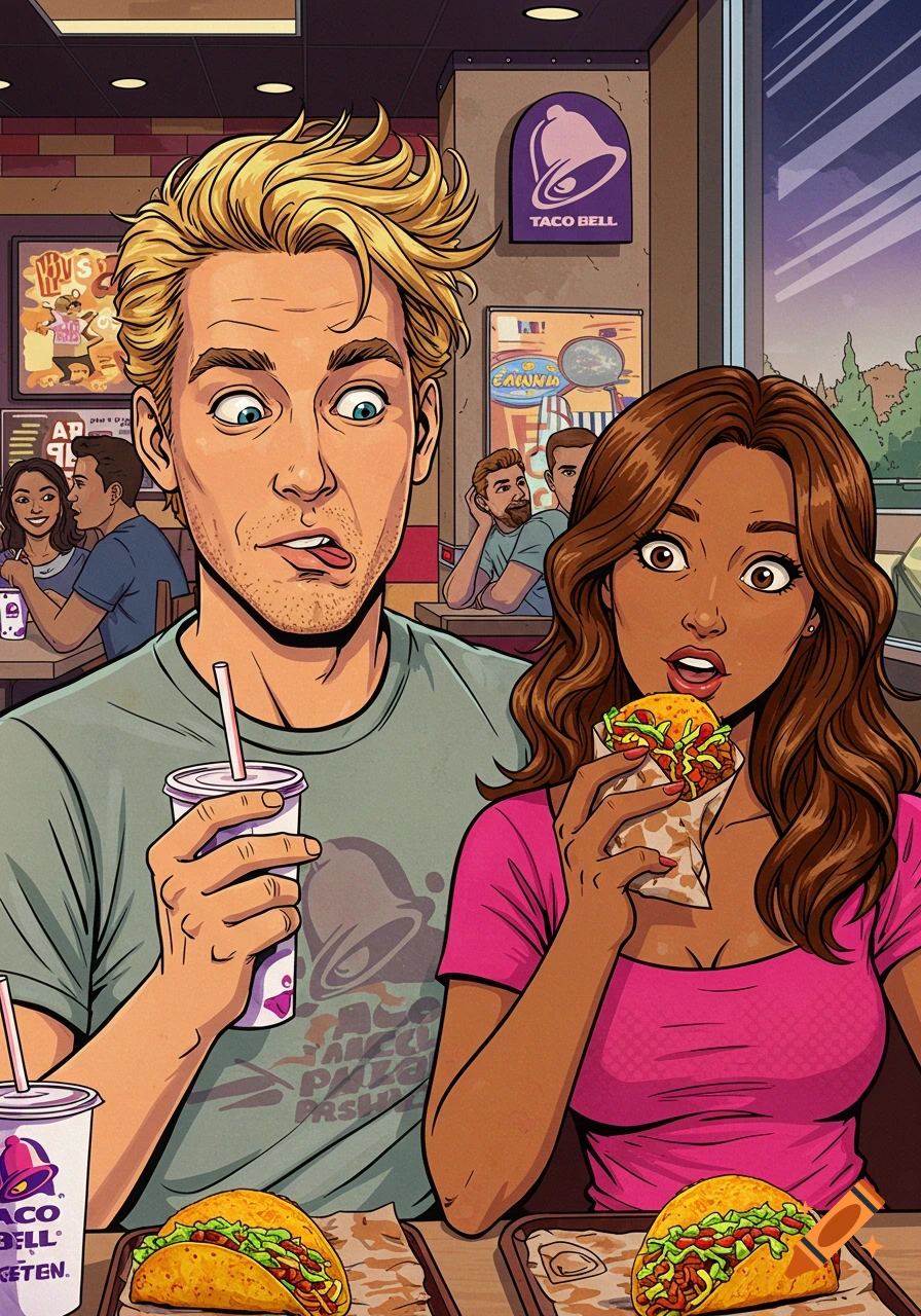 A blonde man and a woman with brown hair eating tacos and drinking sodas in a comic art style Taco Bell restaurant.