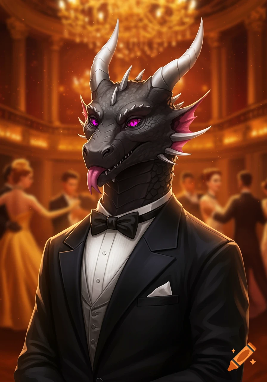 A black anthropomorphic dragon with magenta eyes and silver horns wears a tuxedo in a grand ballroom.