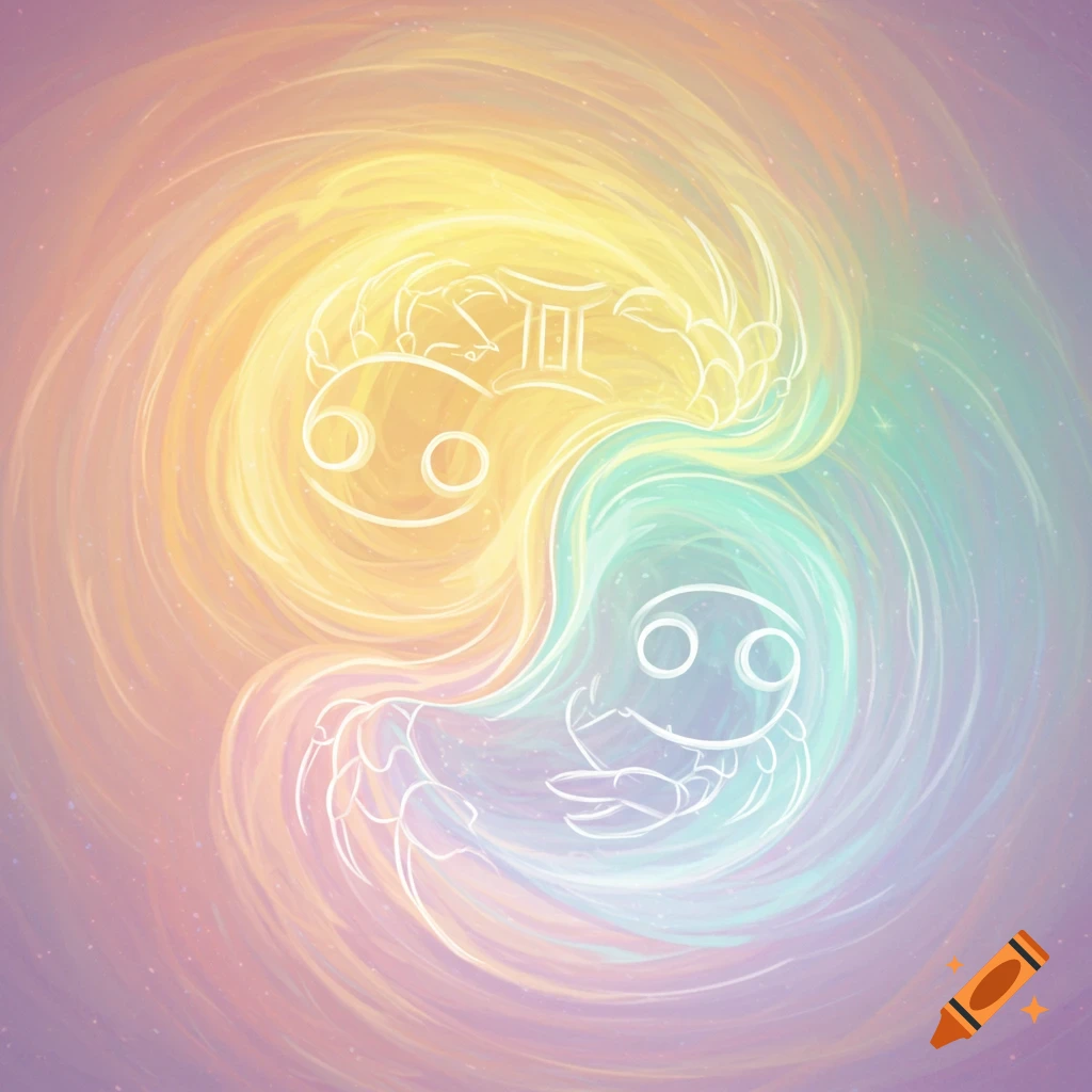 A stylized yin-yang symbol featuring white outlines of Cancer and Gemini zodiac signs on a swirling pastel background.