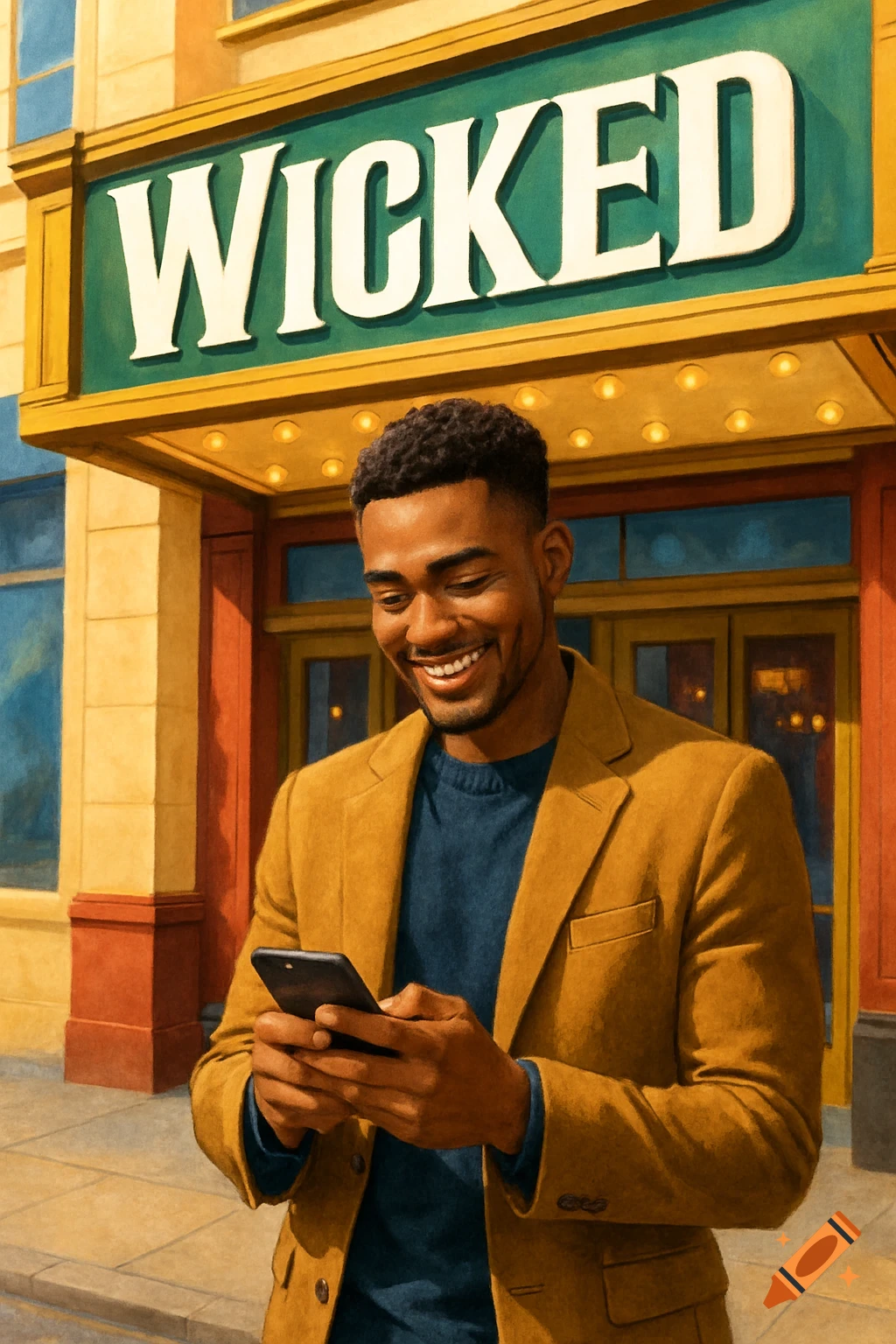 A smiling man in a brown jacket looks at his phone outside a theatre with 'WICKED' on the marquee, in a detailed painting style.