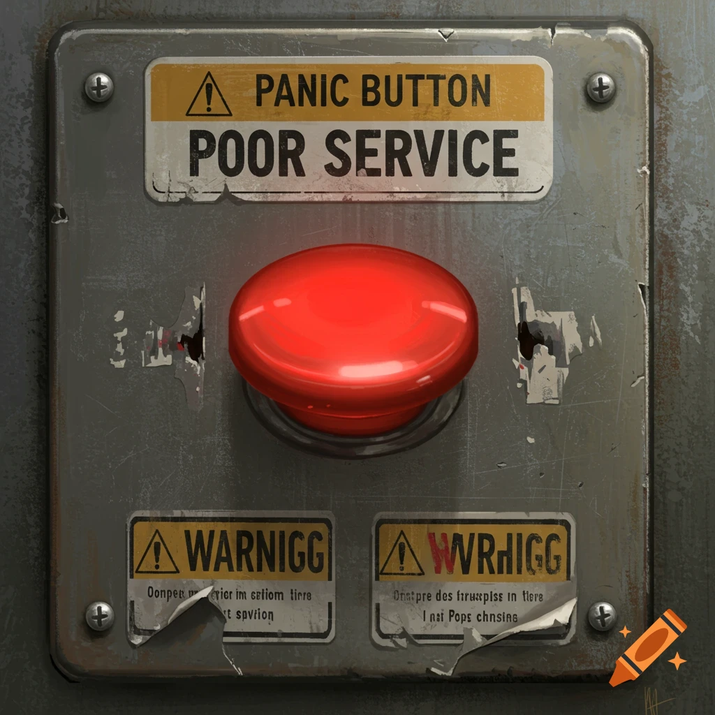 A red panic button labeled 'PANIC BUTTON POOR SERVICE' on a distressed metal panel with two other garbled warning labels.