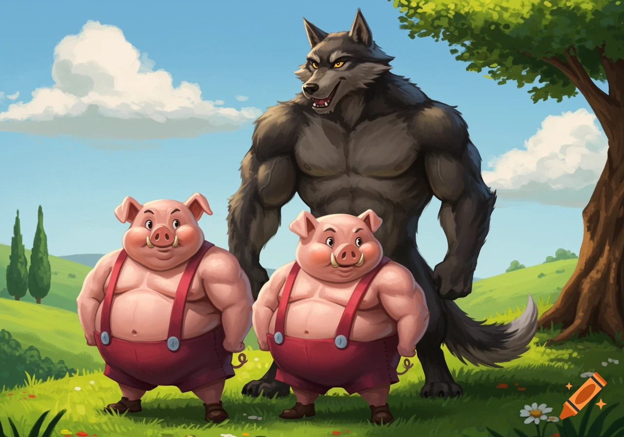 A buff wolf stands behind two buff cartoon pigs in a green, hilly landscape with a tree.