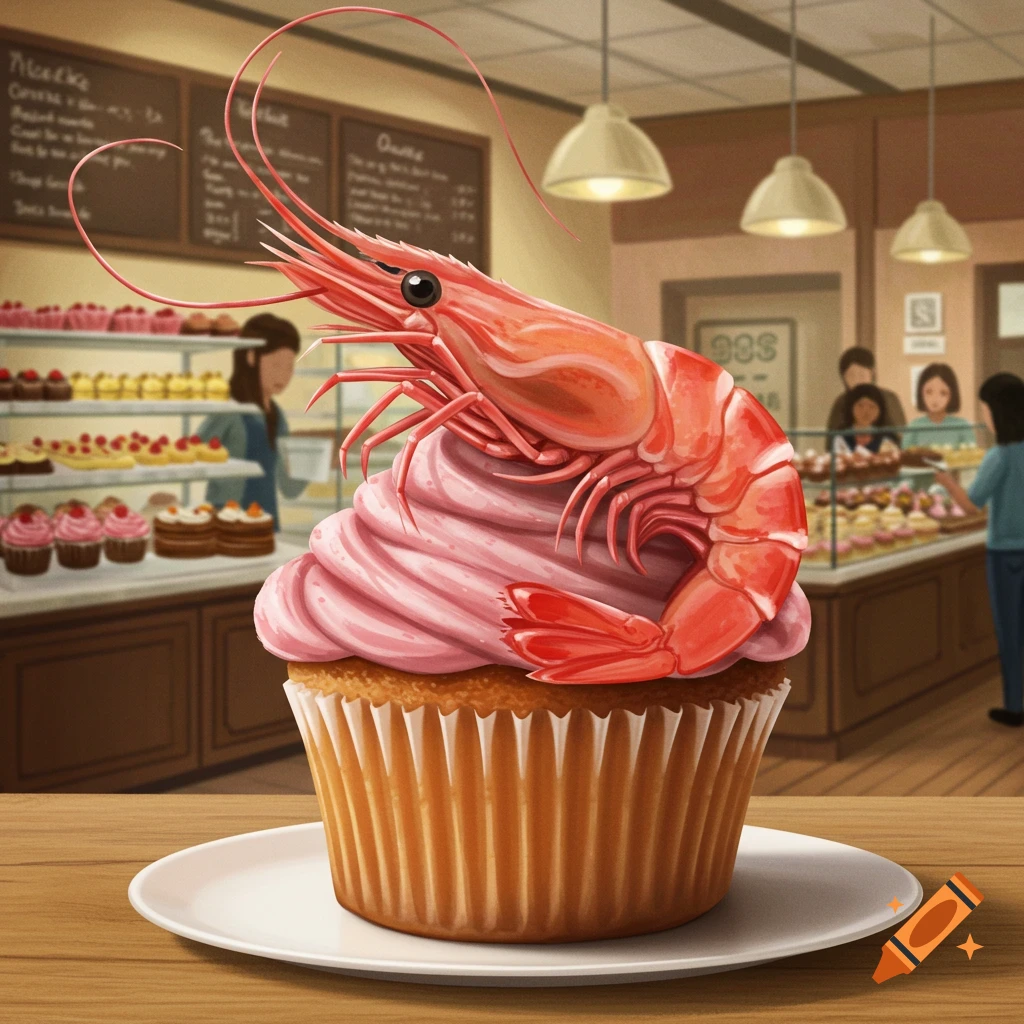 A whimsical cupcake with pink frosting topped with a large cooked shrimp, on a plate in a bustling bakery setting.