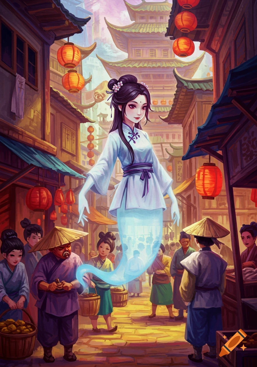 A ghostly woman floats above a bustling Asian market street filled with people and lanterns in an anime style.