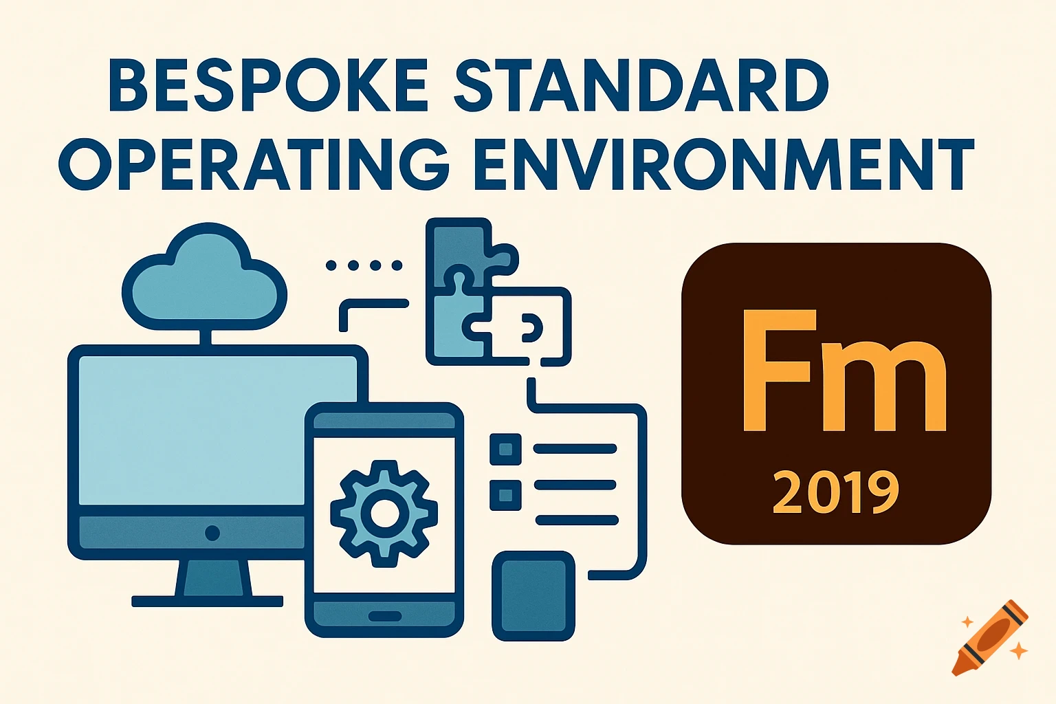 A clean, vector-style illustration depicting a computer, smartphone with a gear, cloud, connected puzzle pieces, and documents, with text 'BESPOKE STANDARD OPERATING ENVIRONMENT' and an 'Fm 2019' logo.