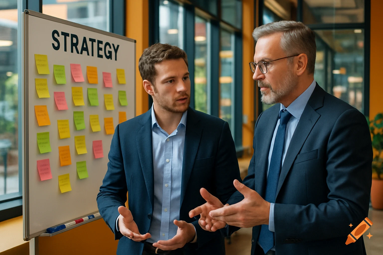 Two businessmen in suits discuss in front of a whiteboard covered in colorful sticky notes and a large "STRATEGY" heading. The scene is brightly lit in an office setting.