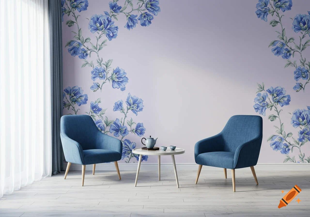 A cozy room with two blue armchairs, a white table with a teapot, and a light purple wall decorated with blue floral patterns.