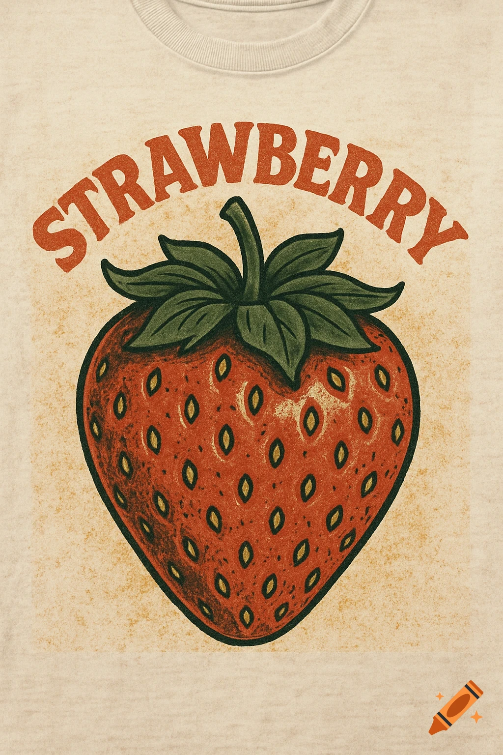 A retro-inspired t-shirt design featuring a large, stylized strawberry with the word 'STRAWBERRY' arched above it. The design has a subtle grunge texture.