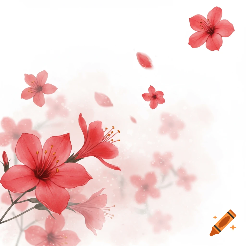 Watercolor painting of vibrant red lehua flowers with falling petals against a soft, misty white background.