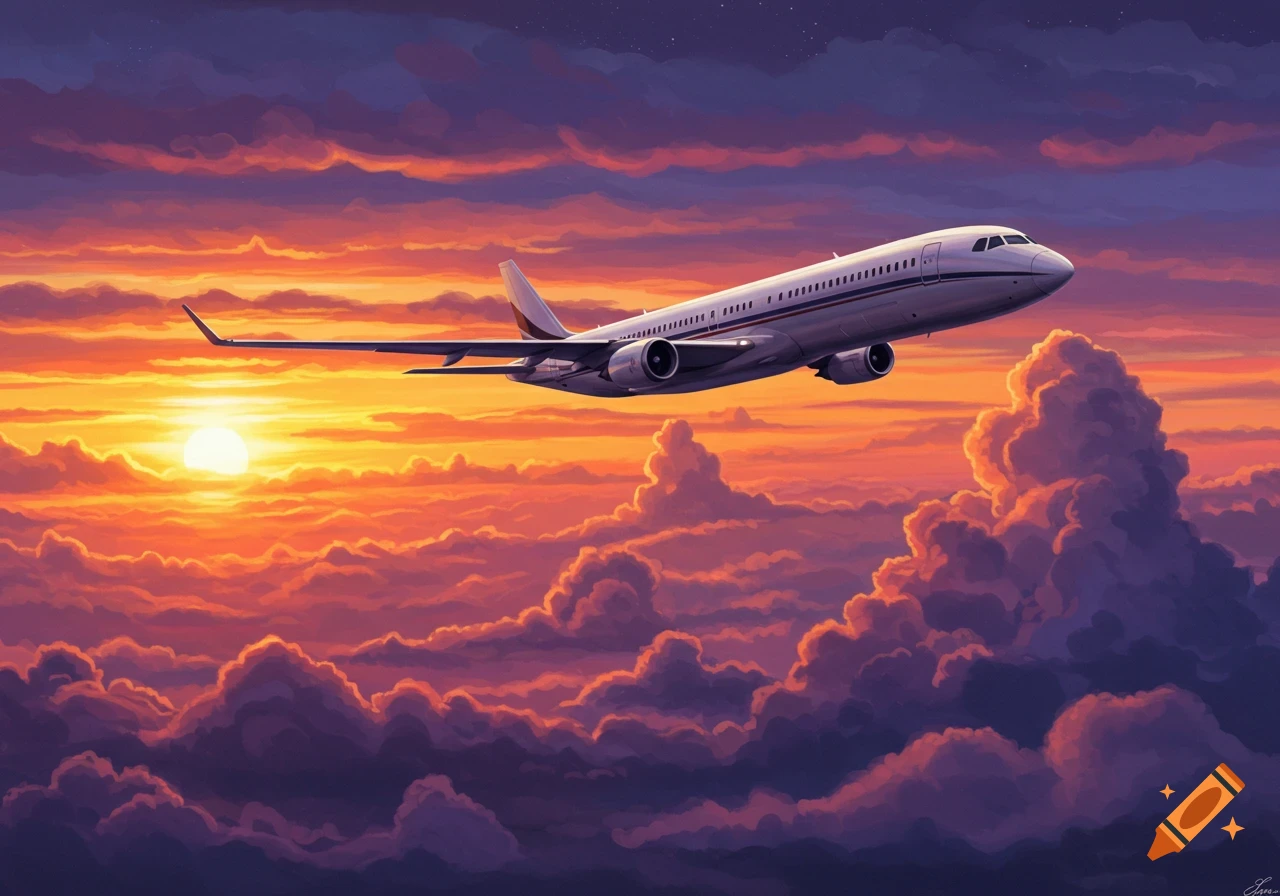 A white passenger airplane flies gracefully through a dramatic sky filled with orange and purple clouds during sunset, in a painterly style.