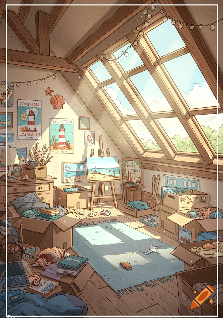 A sunlit, coastal-themed attic room with packed boxes, an easel, and large windows.