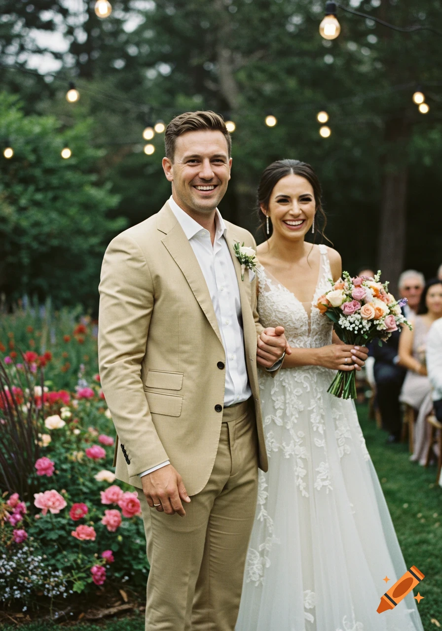 A smiling bride and groom walk through a garden with string lights and colorful flowers on their wedding day.