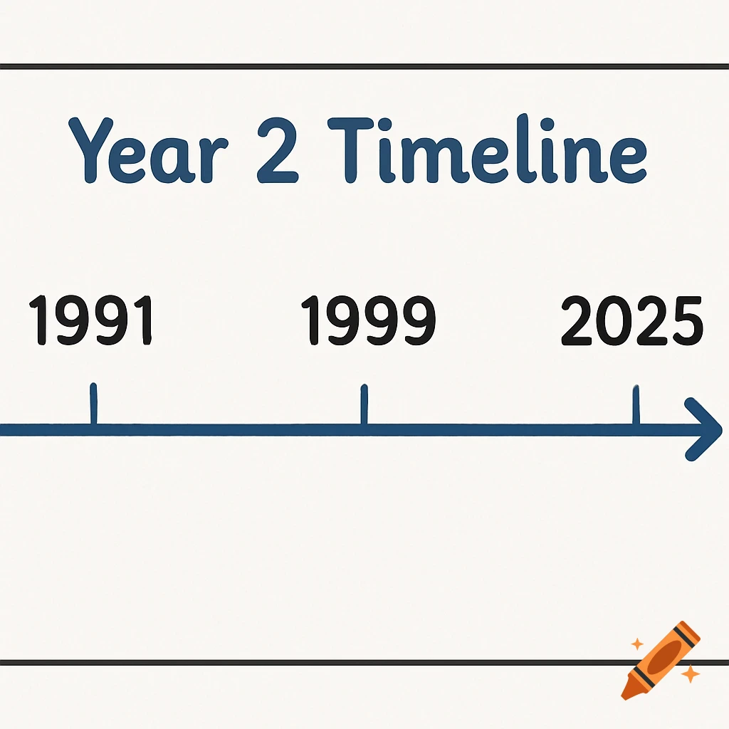 A blue timeline graphic labeled 'Year 2 Timeline' with marked dates 1991, 1999, and 2025.