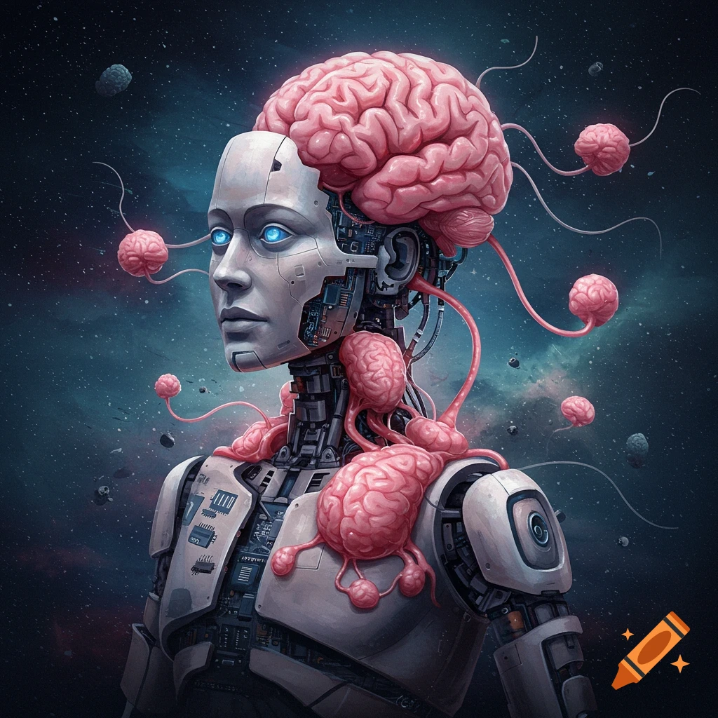 A cyborg with exposed pink brains and glowing blue eyes against a dark, starry space background.