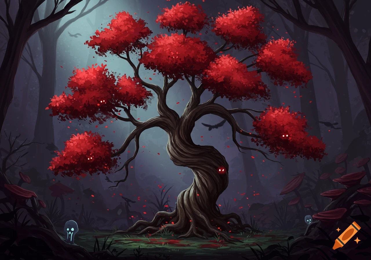 Stylized illustration of a gnarled tree with bright red leaves and glowing eyes in a dark, misty forest with ghostly figures.