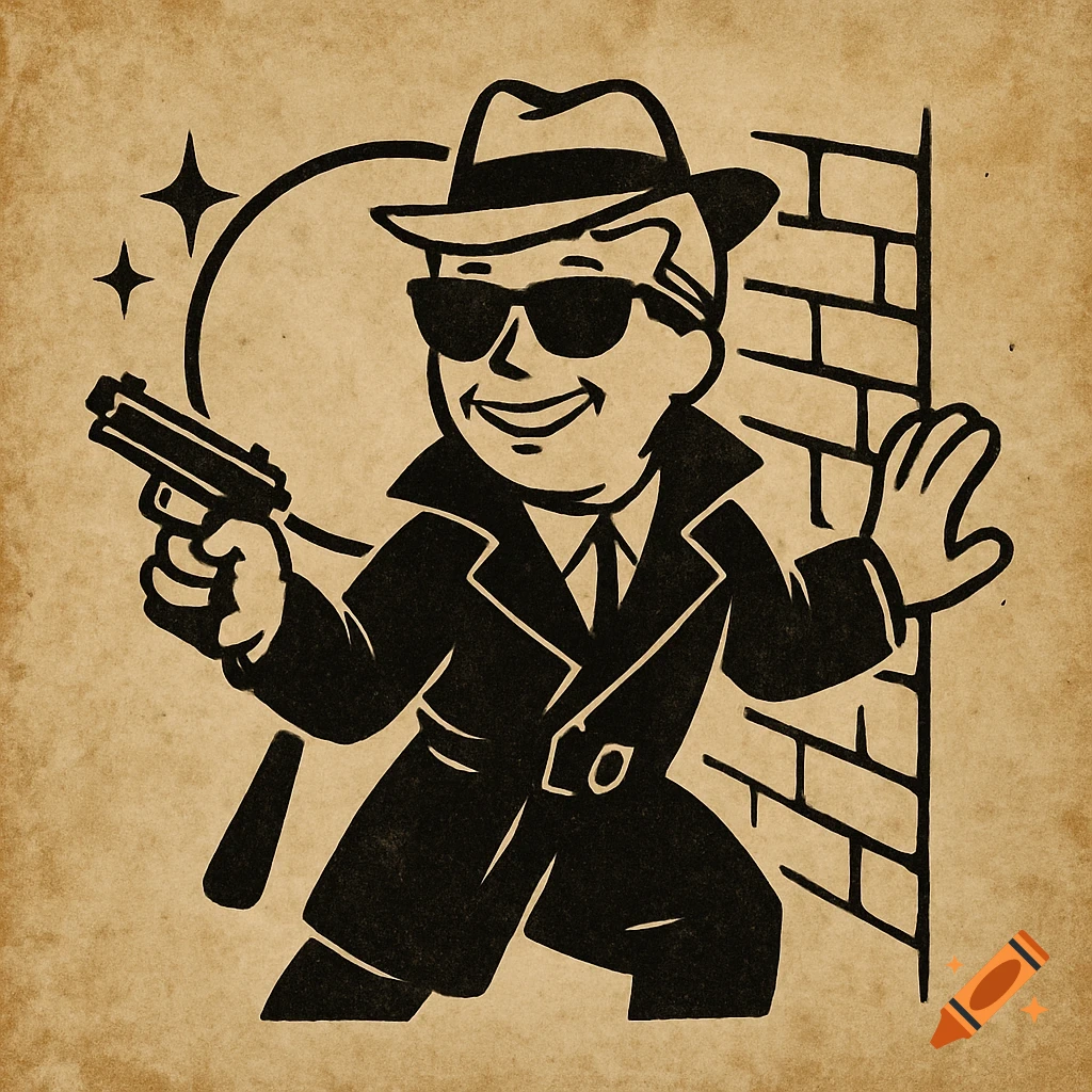 A smiling, cartoonish character in a black trench coat, fedora, and sunglasses holds a pistol while peeking around a brick wall. The illustration is in a vintage, distressed style.
