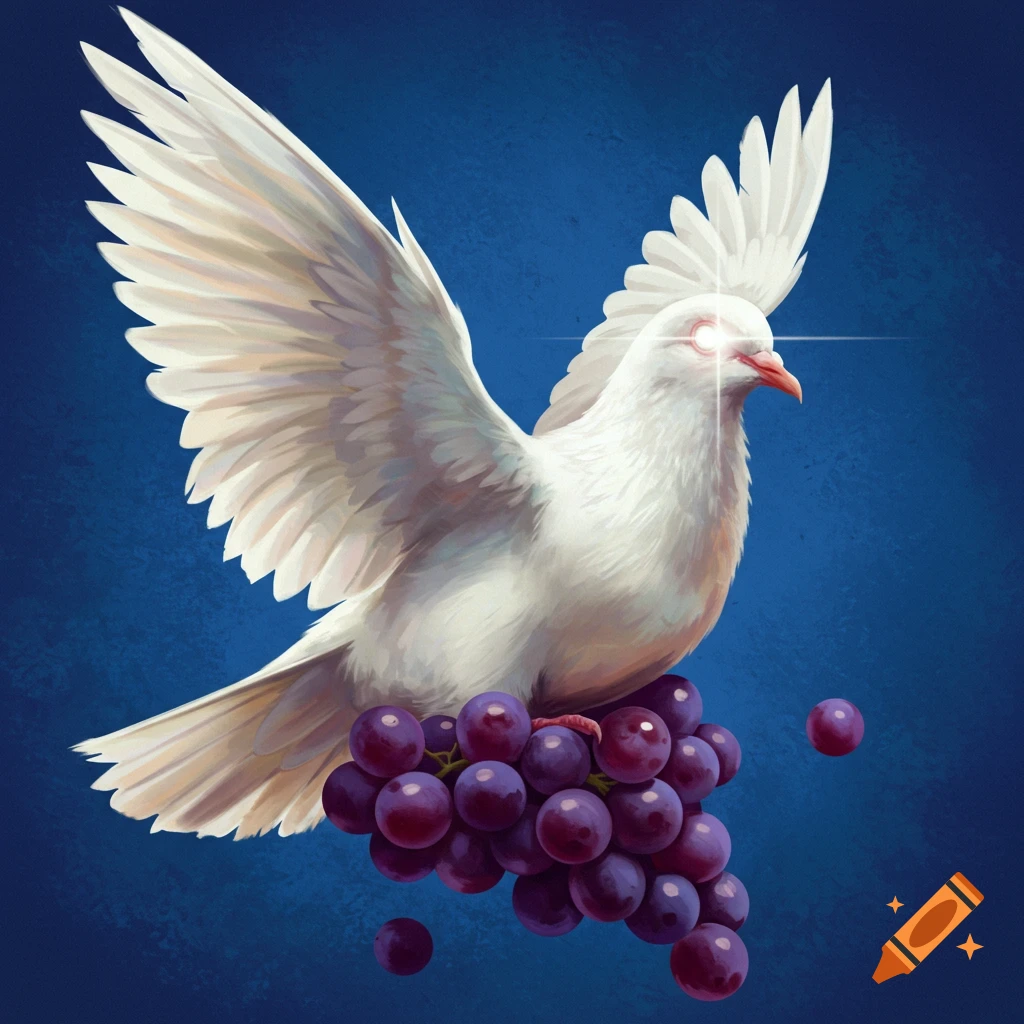 An illustration of a white dove with glowing red eyes perched on a cluster of purple grapes, set against a dark blue background.