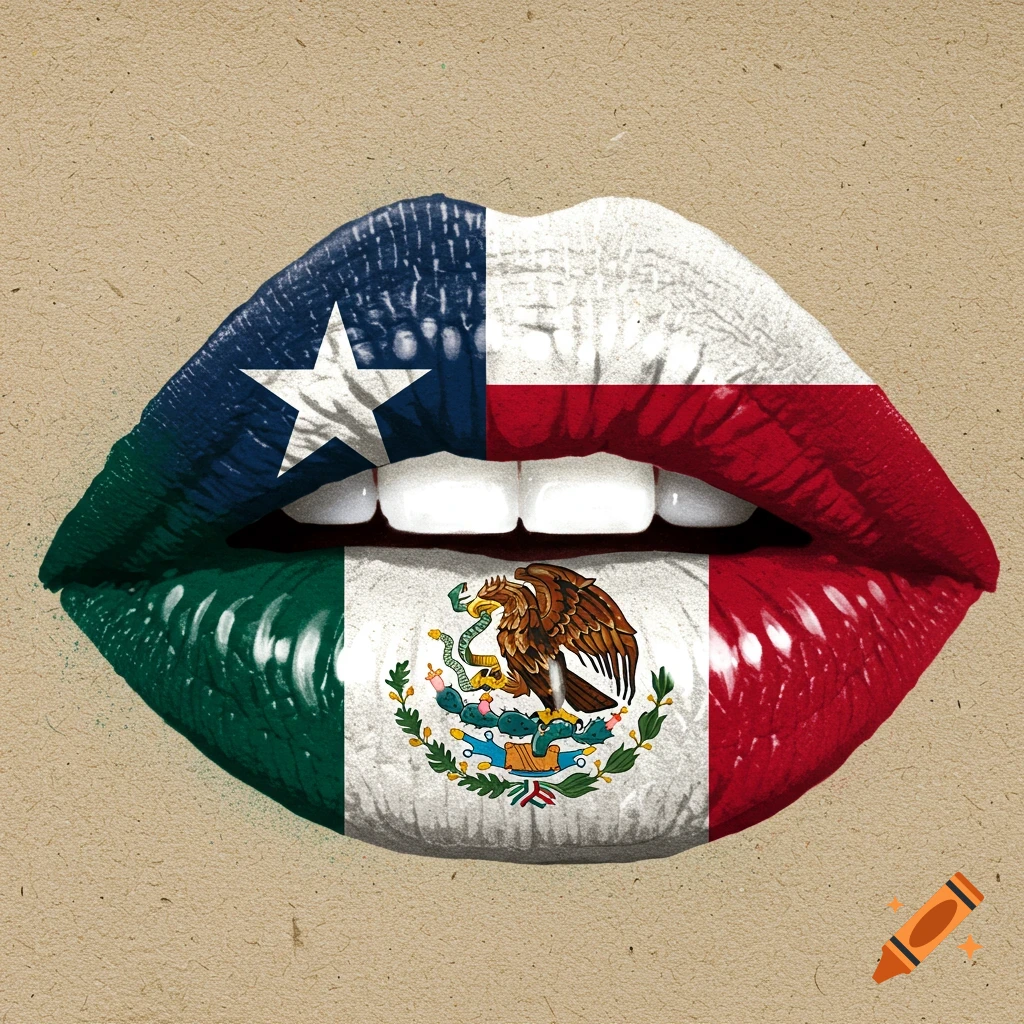 A stylized stencil art image of lips painted with the Texas flag on the upper lip and the Mexican flag on the lower lip.