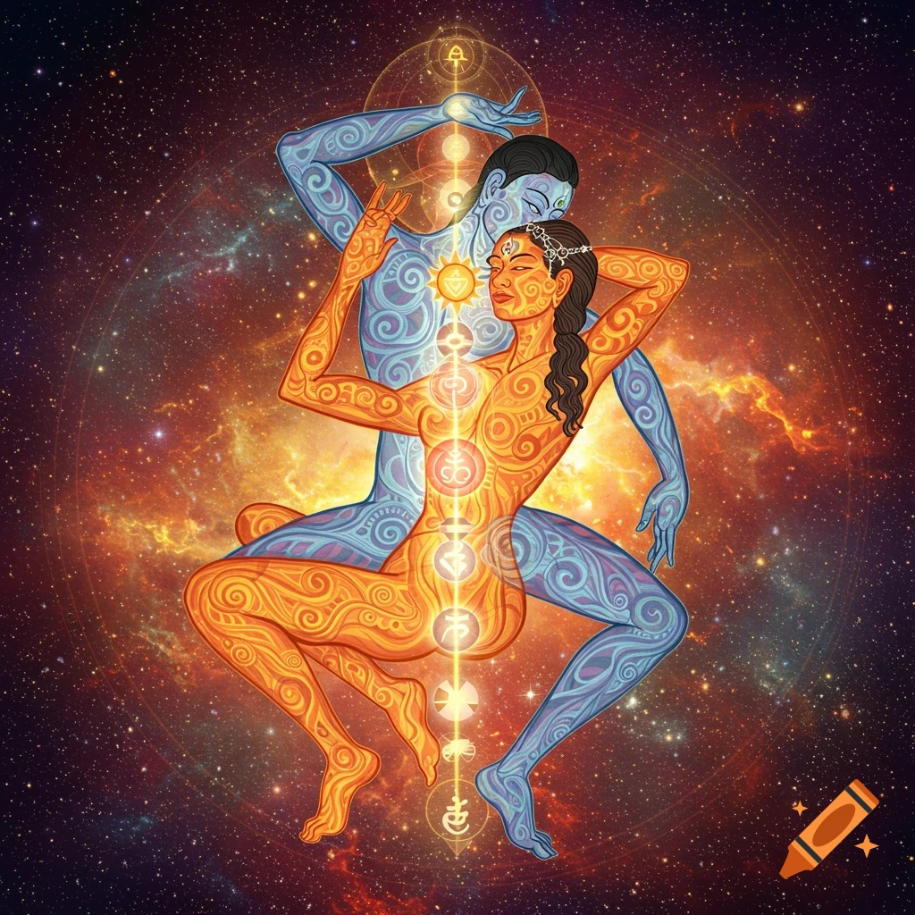 Two stylized, intertwined figures, one orange and one blue, with chakra symbols, against a vibrant galaxy backdrop.