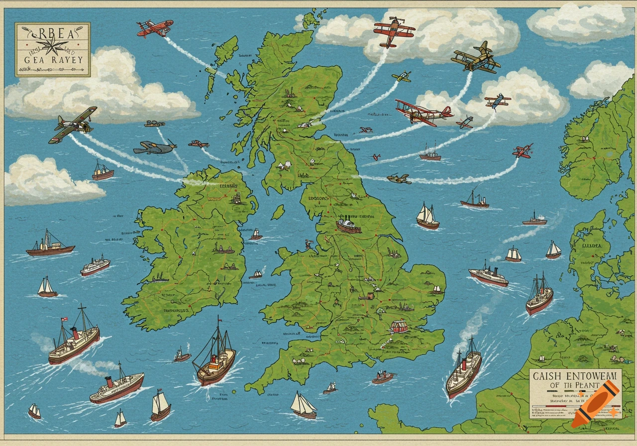 A vintage-style map of Britain with airplanes flying over and boats sailing around the landmass. Clouds are in the sky, and wakes are visible behind the ships and planes.