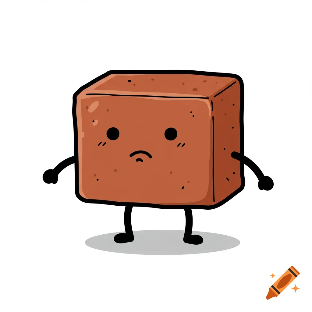 A cartoon brick character with arms, legs, and a sad face, in a simple clip art style.