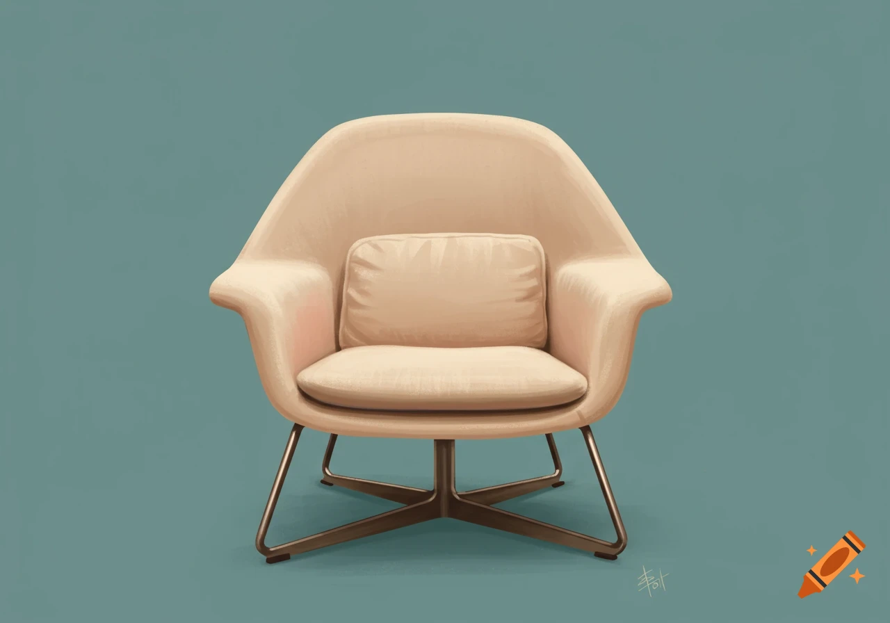 A light beige Eames Womb Chair with metal legs on a teal background in an illustrative style.