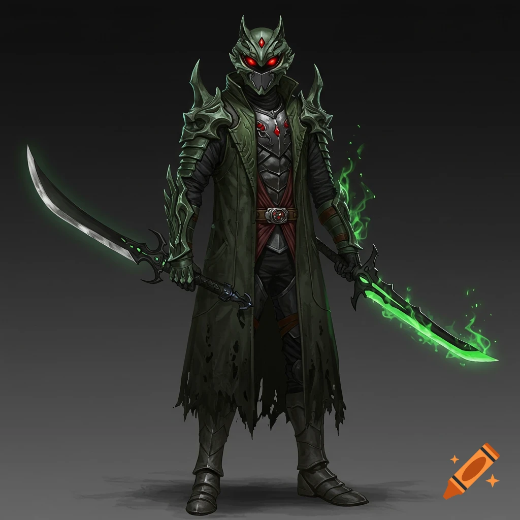 A dark fantasy knight with a green armored trench coat and a sharp helmet with red eyes wields two swords, one glowing green.