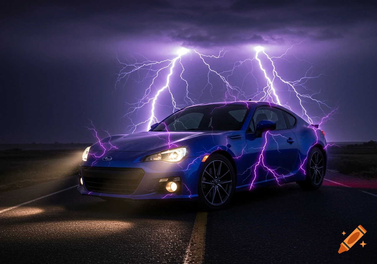 A blue Subaru BRZ sports car is illuminated by purple lightning strikes under a dark, stormy sky on a road.