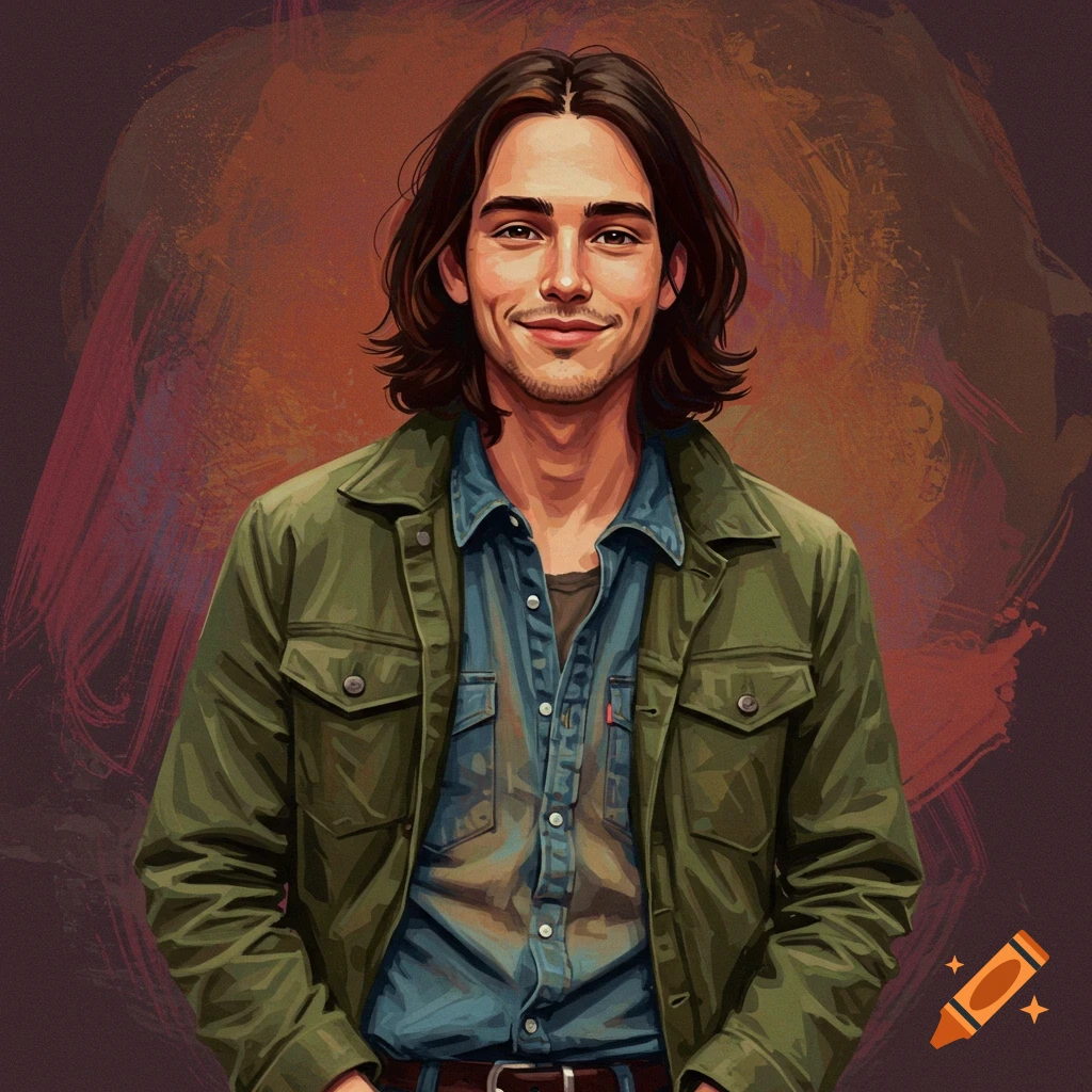 A digital painting of a smiling young man with long brown hair and a beard, wearing a green jacket and blue denim shirt against an abstract, warm-toned background.